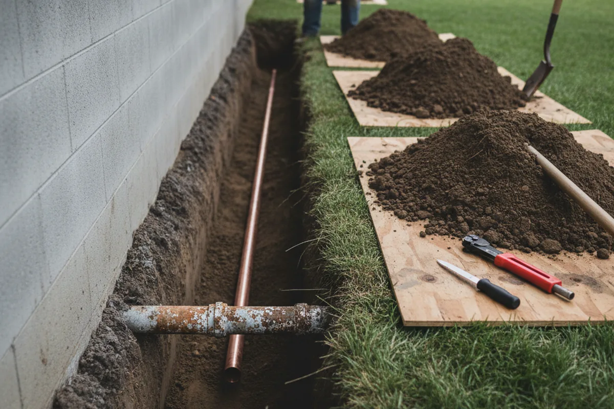 Excavated water line trench during Water Heater Repair in Pala